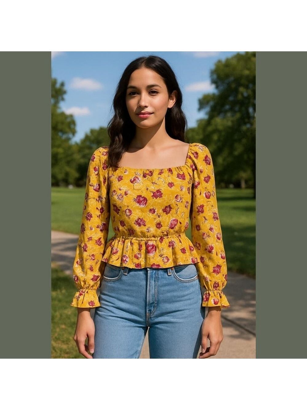 Cece Floral Elastic Waist and cuffs top